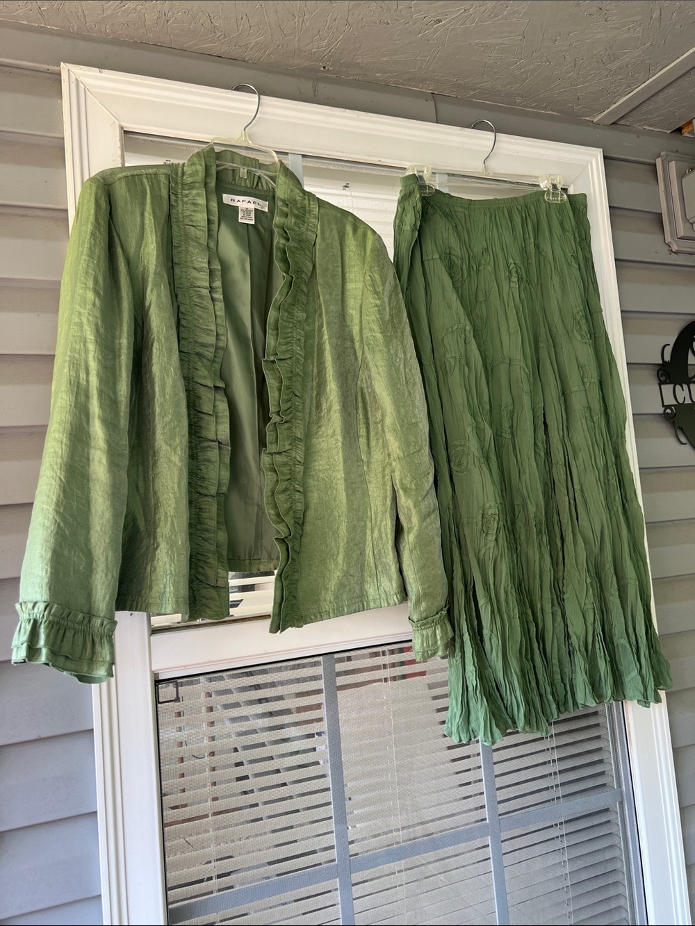 RAFAEL Sage Green Ruffle-Trim Jacket with Matching Skirt